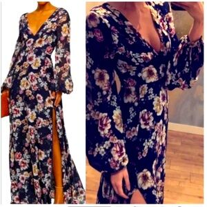 NICHOLAS Blue Silk Garden Rose V neck Maxi Dress with split Size 2